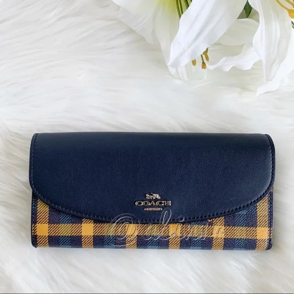 NWT Coach Leather Canvas Envelope Wallet with Gingham Print Blue Yellow - Picture 3 of 9